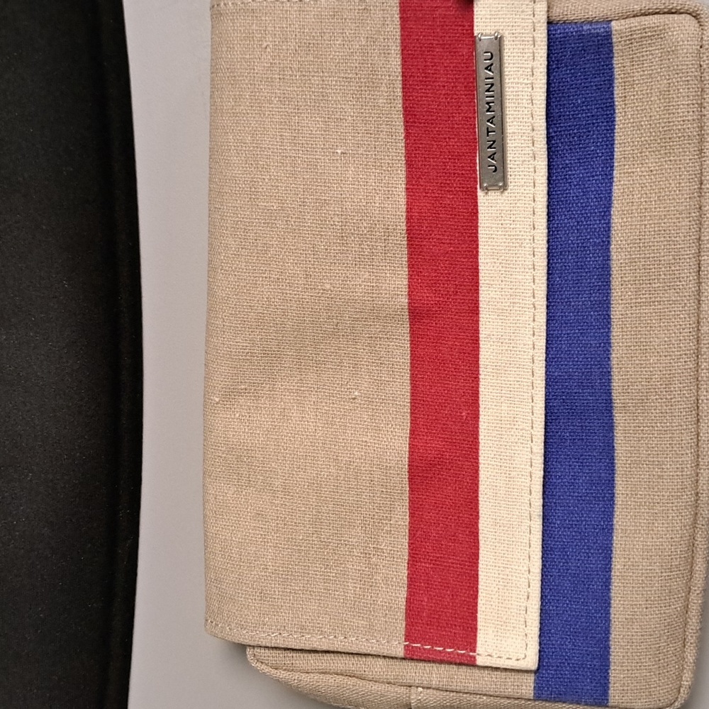 KLM Airline Jantaminiau Travel Bag Kit Tan Red Blue Striped Designer Clutch